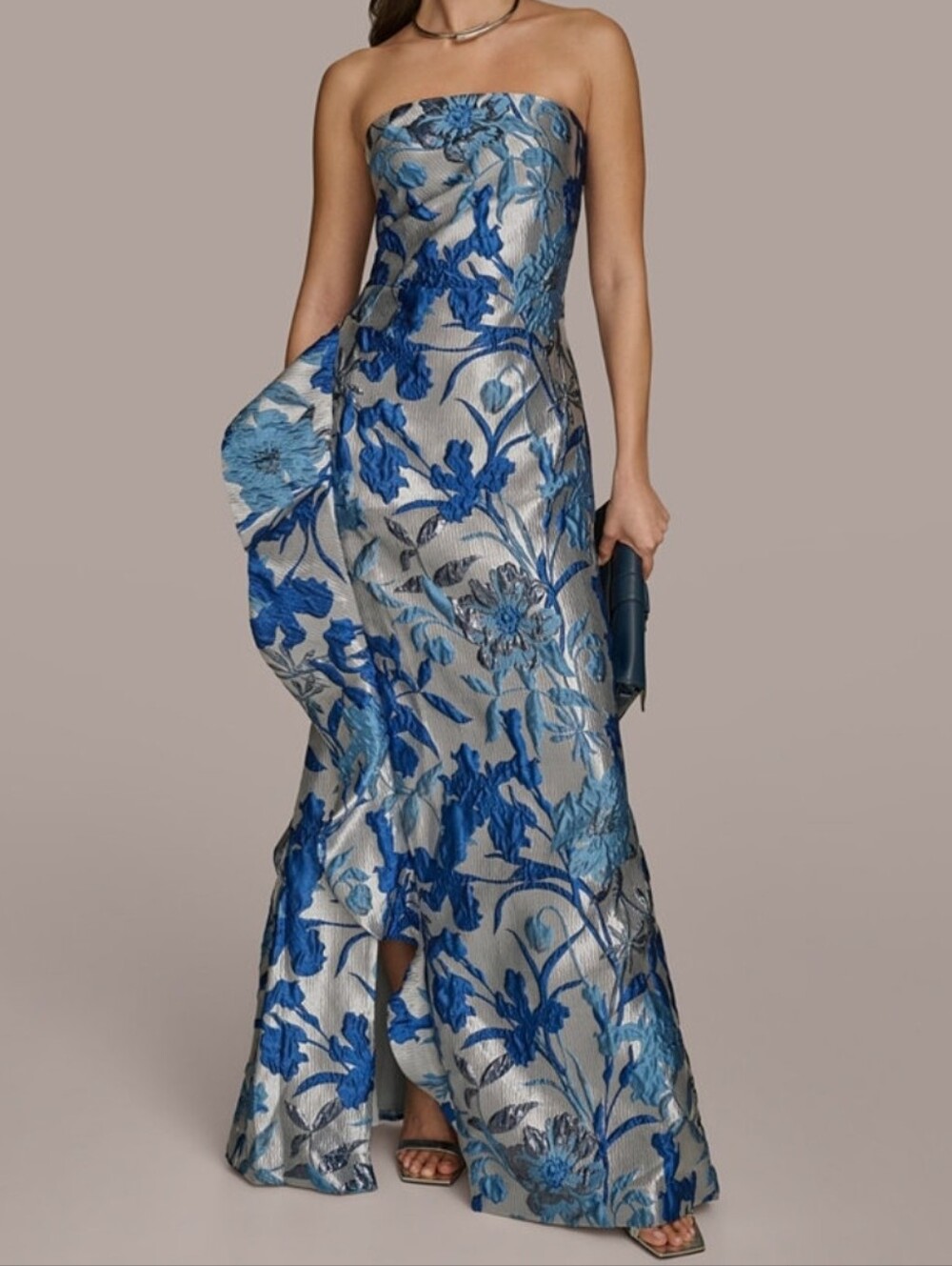 Donna Karen Blue Floral Strapless Brocade Gown - Picture 4 of 6